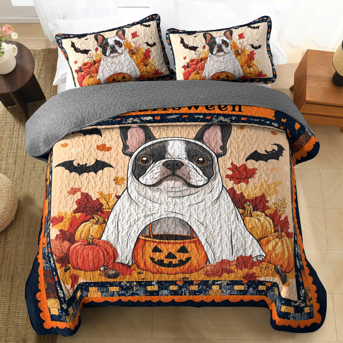 Shineful All Season Quilt 3-Piece Set - Ghostly Frenchie Halloween