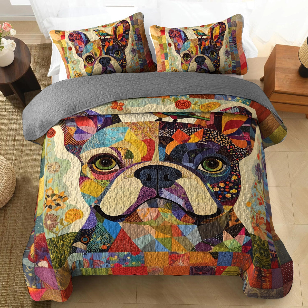 Shineful All Season Quilt 3-Piece Set Frenchie Patchwork Paradise
