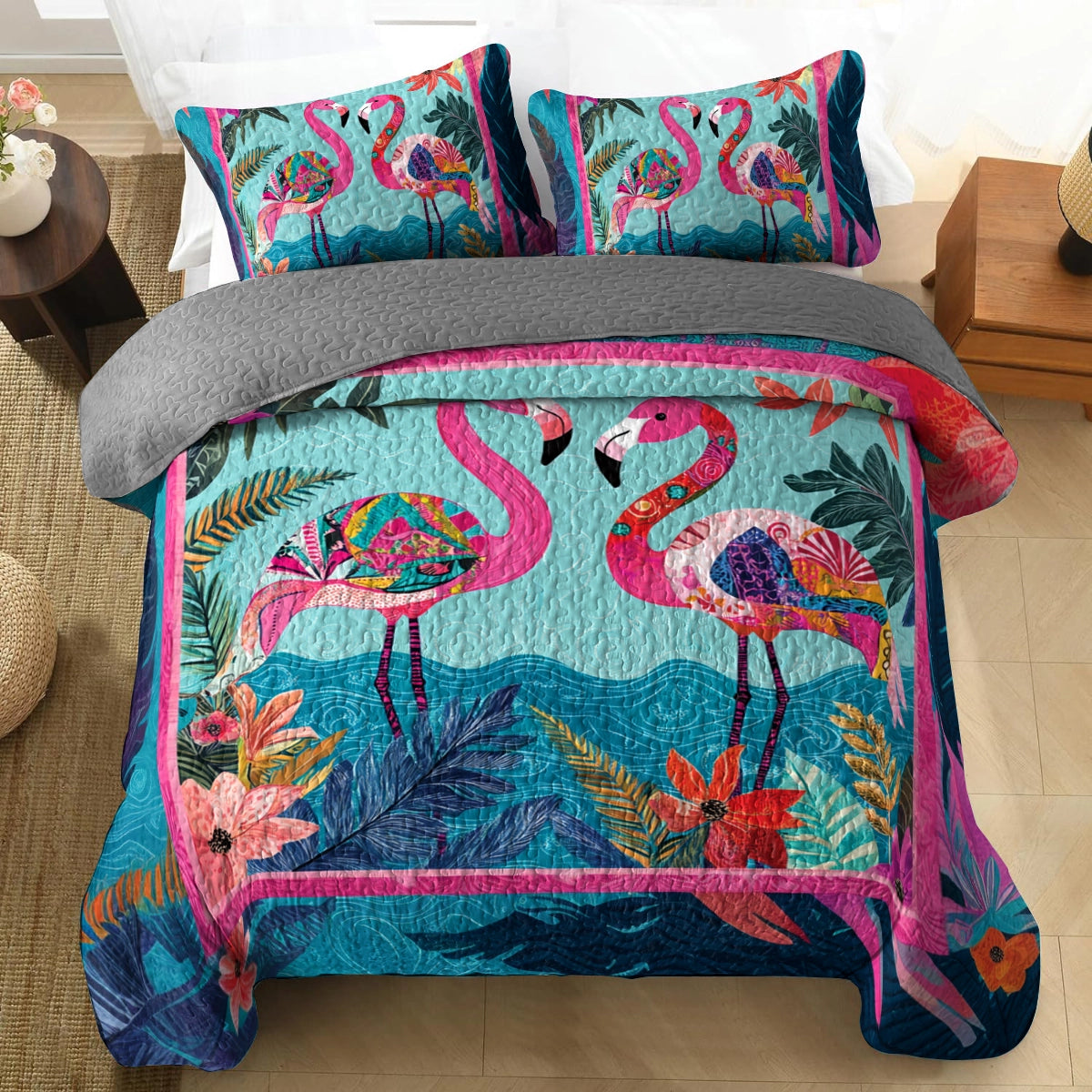 Shineful All Season Quilt 3-Piece Set Tropical Flamingo Paradise