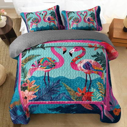 Shineful All Season Quilt 3-Piece Set Tropical Flamingo Paradise