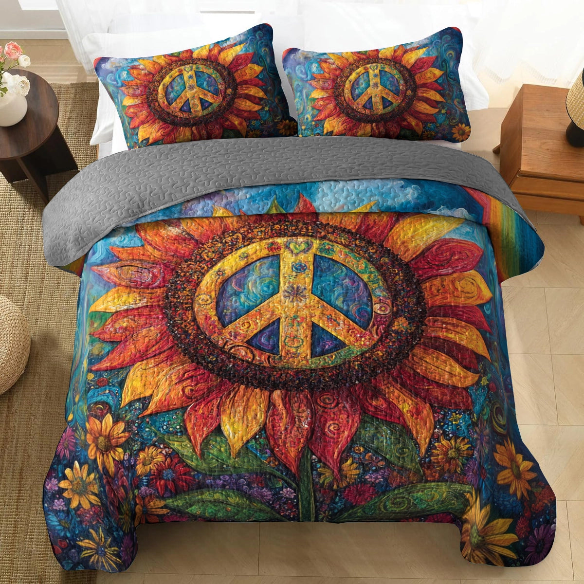 Shineful All Season Quilt 3-Piece Set - Hippie Sunflower Peace