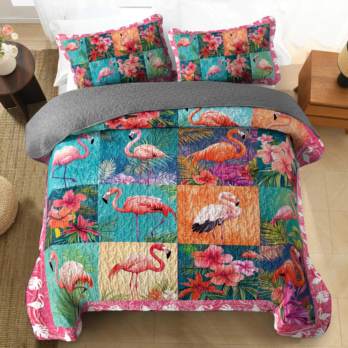 Shineful All Season Quilt 3-Piece Set Exotic Flamingo Serenity