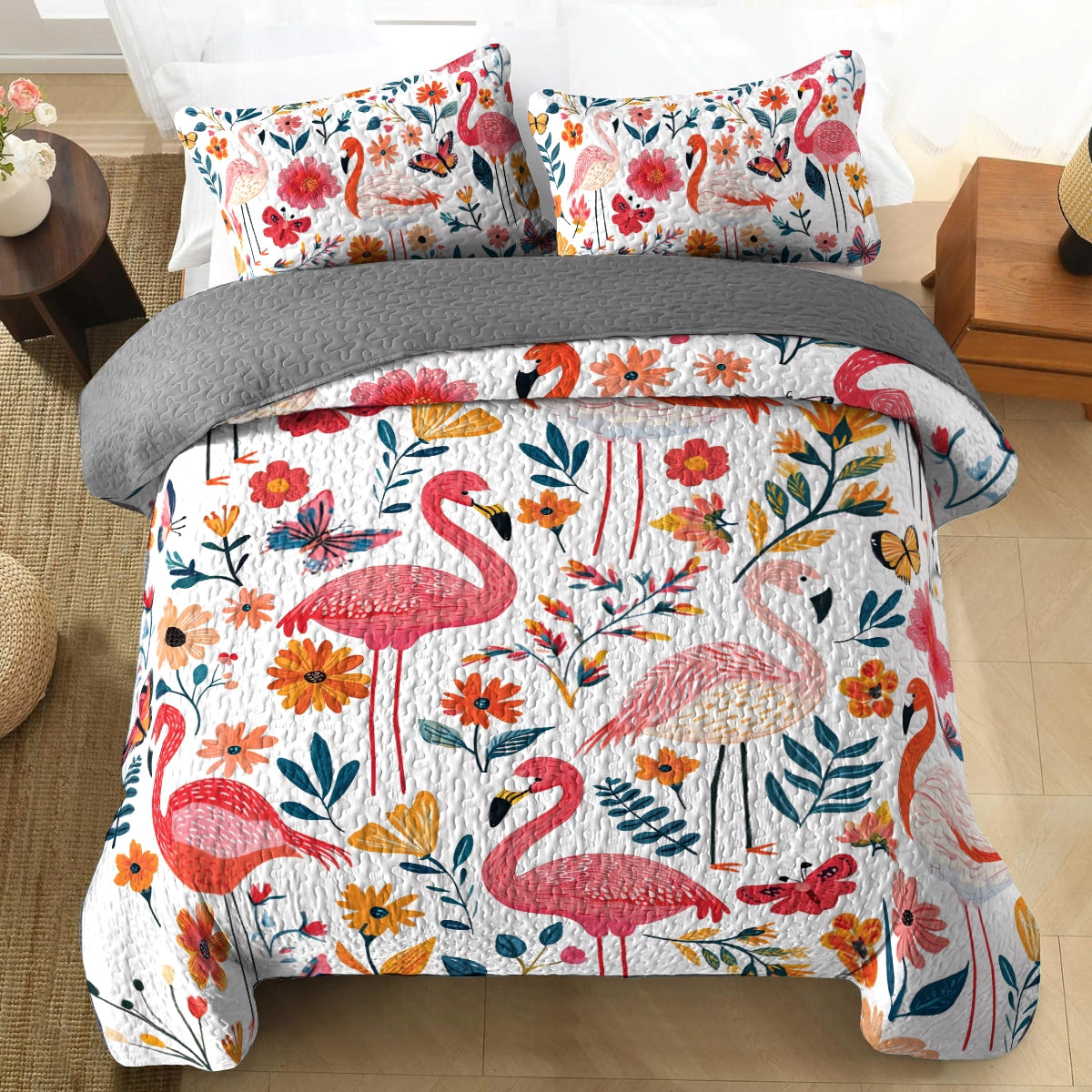 Shineful All Season Quilt 3-Piece Set Botanical Flamingo Bliss