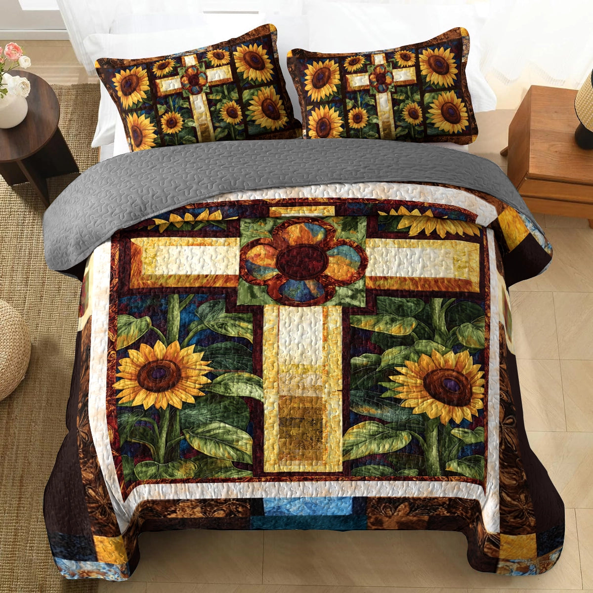 Shineful All Season Quilt 3-Piece Set God's Divine Sunflower Cross