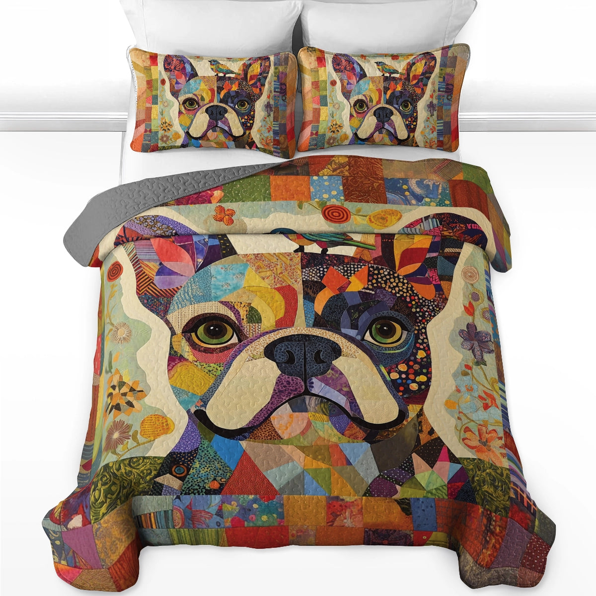 Shineful All Season Quilt 3-Piece Set Frenchie Patchwork Paradise