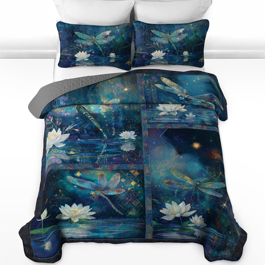 Shineful All Season Quilt 3-Piece Set Lotus And Dragonfly Serenity