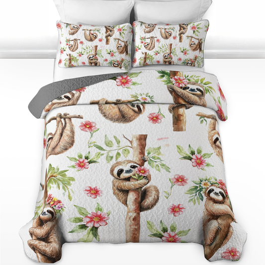 Shineful All Season Quilt 3-Piece Set Pink Flower Sloth Haven