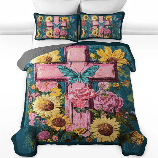 Shineful All Season Quilt 3-Piece Set - Blessed Blooms with God