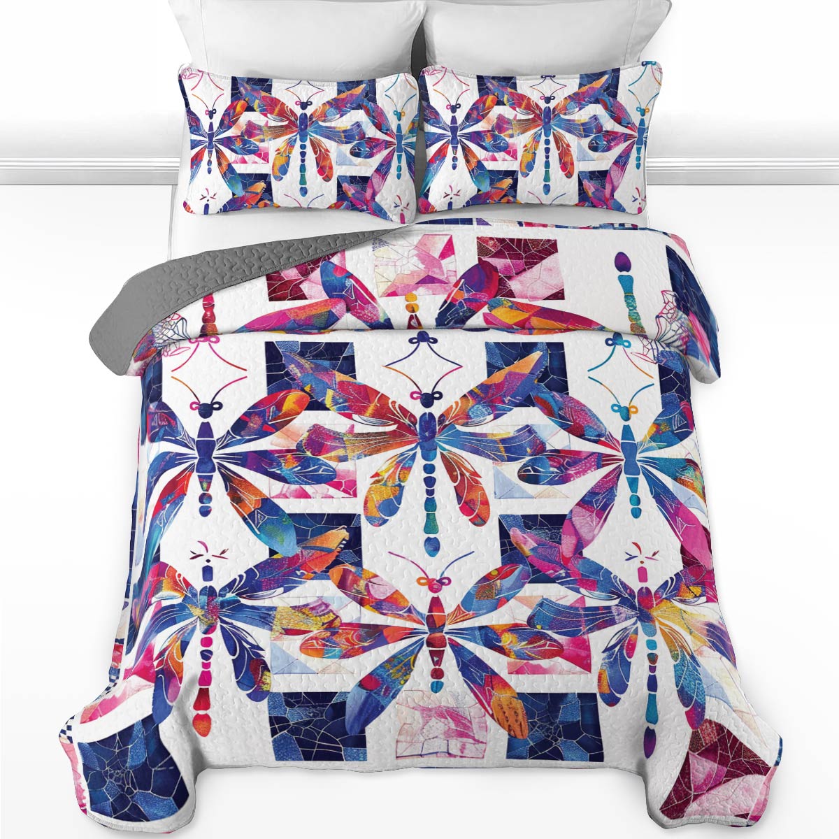Shineful All Season Quilt 3-Piece Set Vibrant Dragonfly Bliss