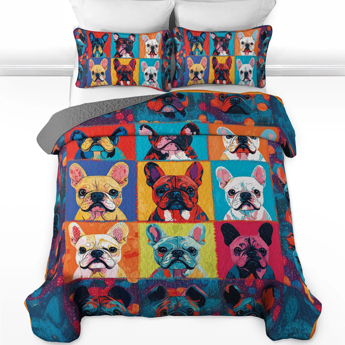 Shineful All Season Quilt 3-Piece Set Bold Frenchie Faces