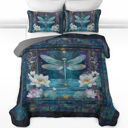Shineful All Season Quilt 3-Piece Set Tranquil Lotus Dragonfly
