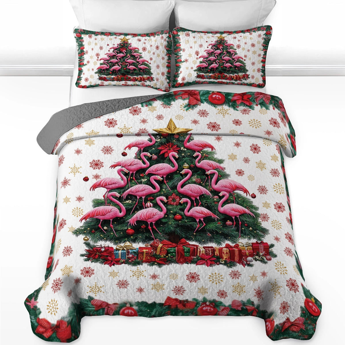 Shineful All Season Quilt 3-Piece Set - Tropical Christmas Flamingo