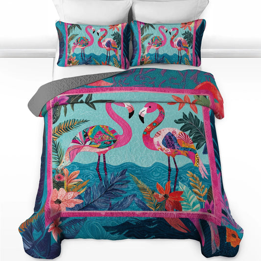Shineful All Season Quilt 3-Piece Set Tropical Flamingo Paradise