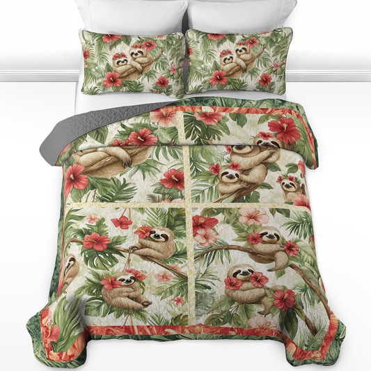 Shineful All Season Quilt 3-Piece Set Hibiscus Harmony Sloth