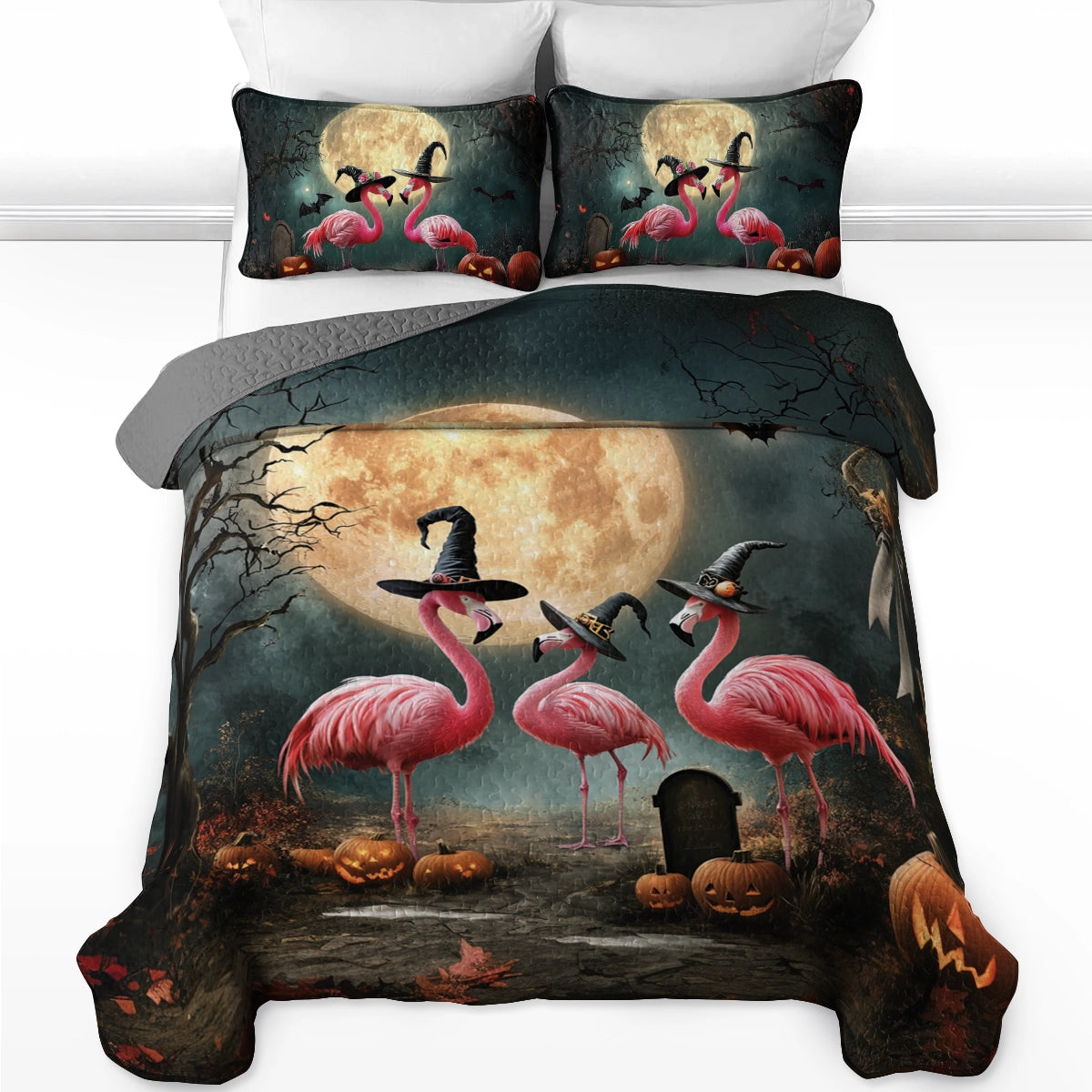 Shineful All Season Quilt 3-Piece Set - Spooky Flamingo Halloween