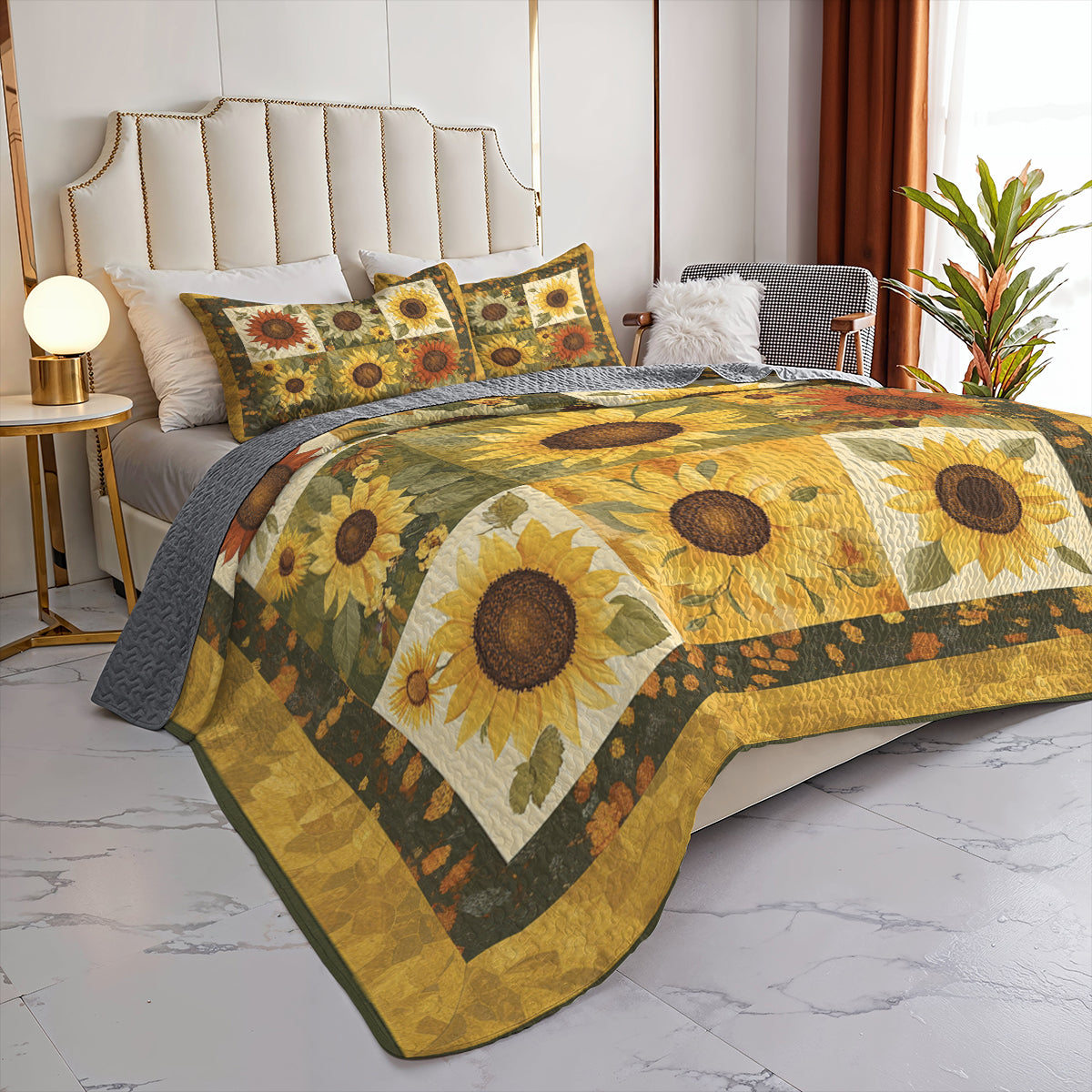 Shineful All Season Quilt 3-Piece Set Golden Sunflower Patchwork