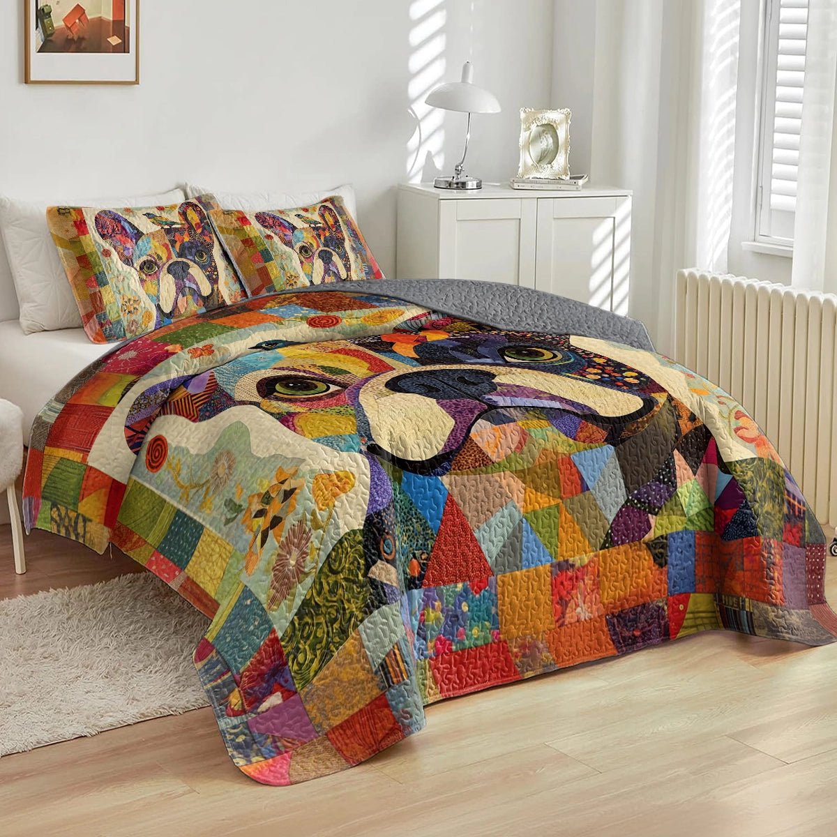 Shineful All Season Quilt 3-Piece Set Frenchie Patchwork Paradise
