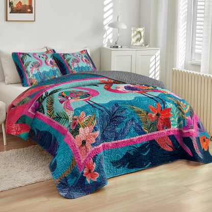 Shineful All Season Quilt 3-Piece Set Tropical Flamingo Paradise