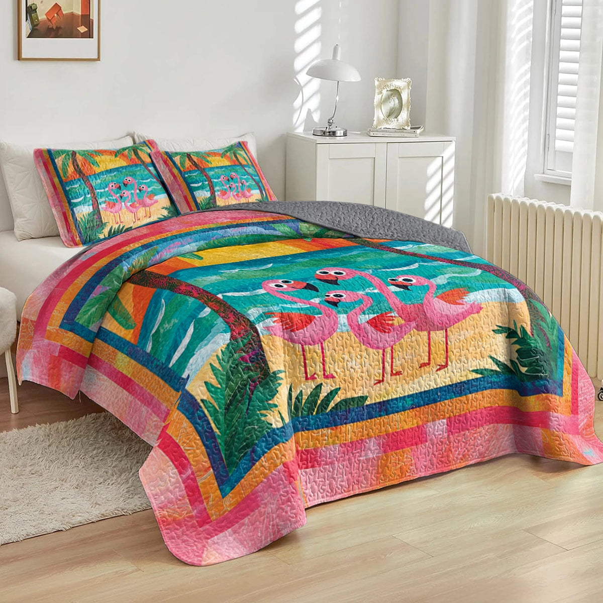 Shineful All Season Quilt 3-Piece Set Flamingo Family