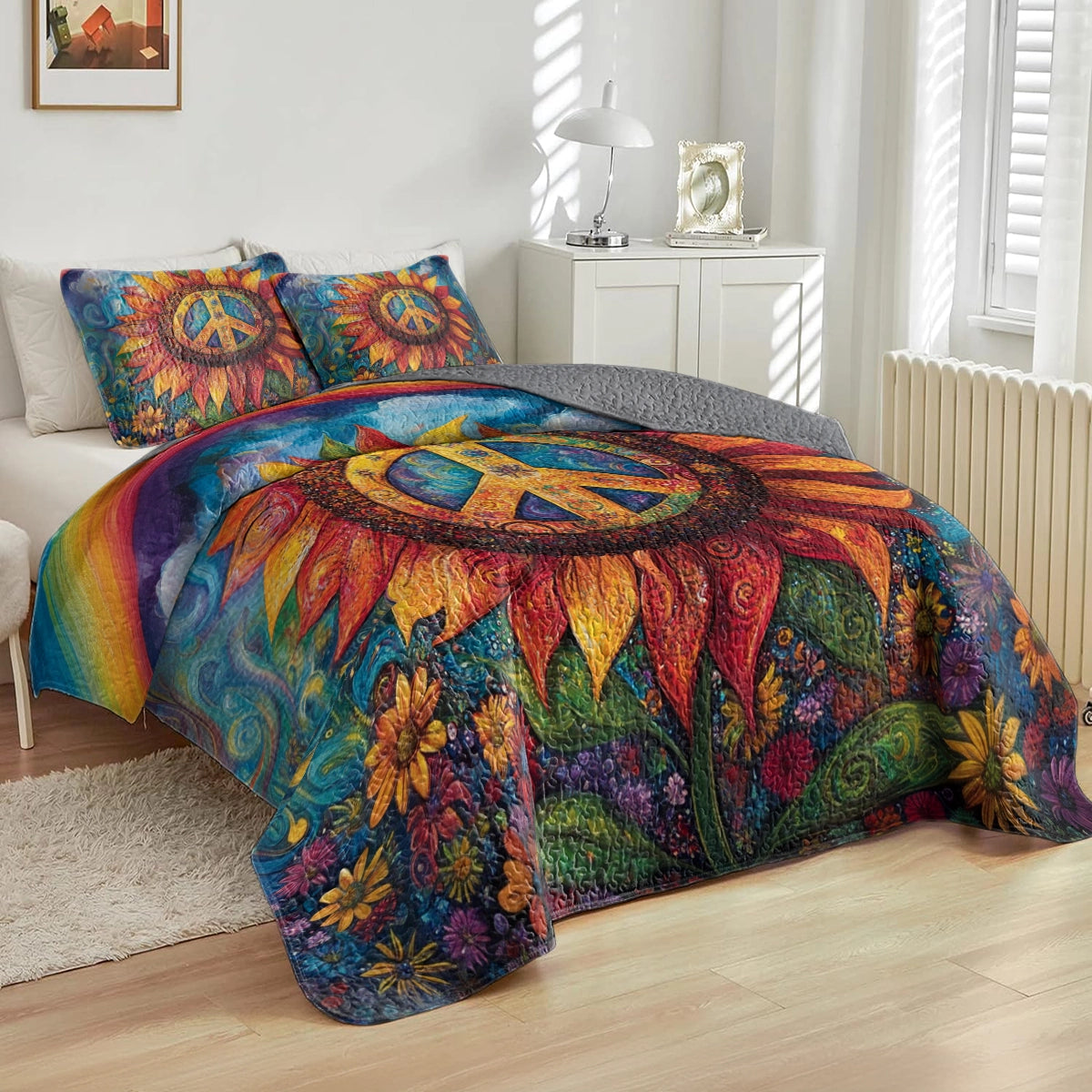 Shineful All Season Quilt 3-Piece Set - Hippie Sunflower Peace