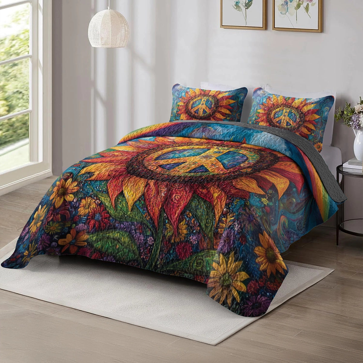 Shineful All Season Quilt 3-Piece Set - Hippie Sunflower Peace