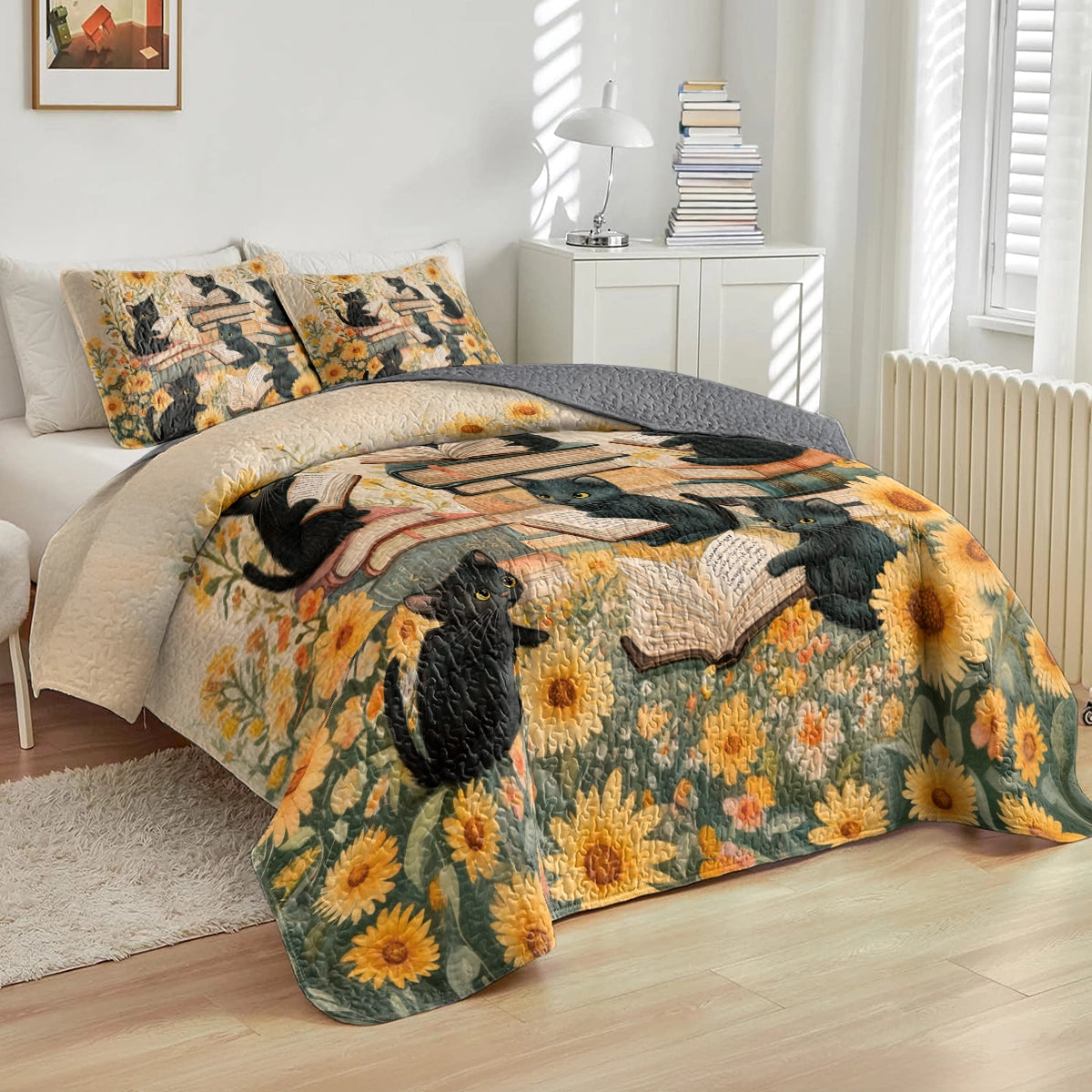 Shineful All Season Quilt 3-Piece Set - Curious Kittens Reading