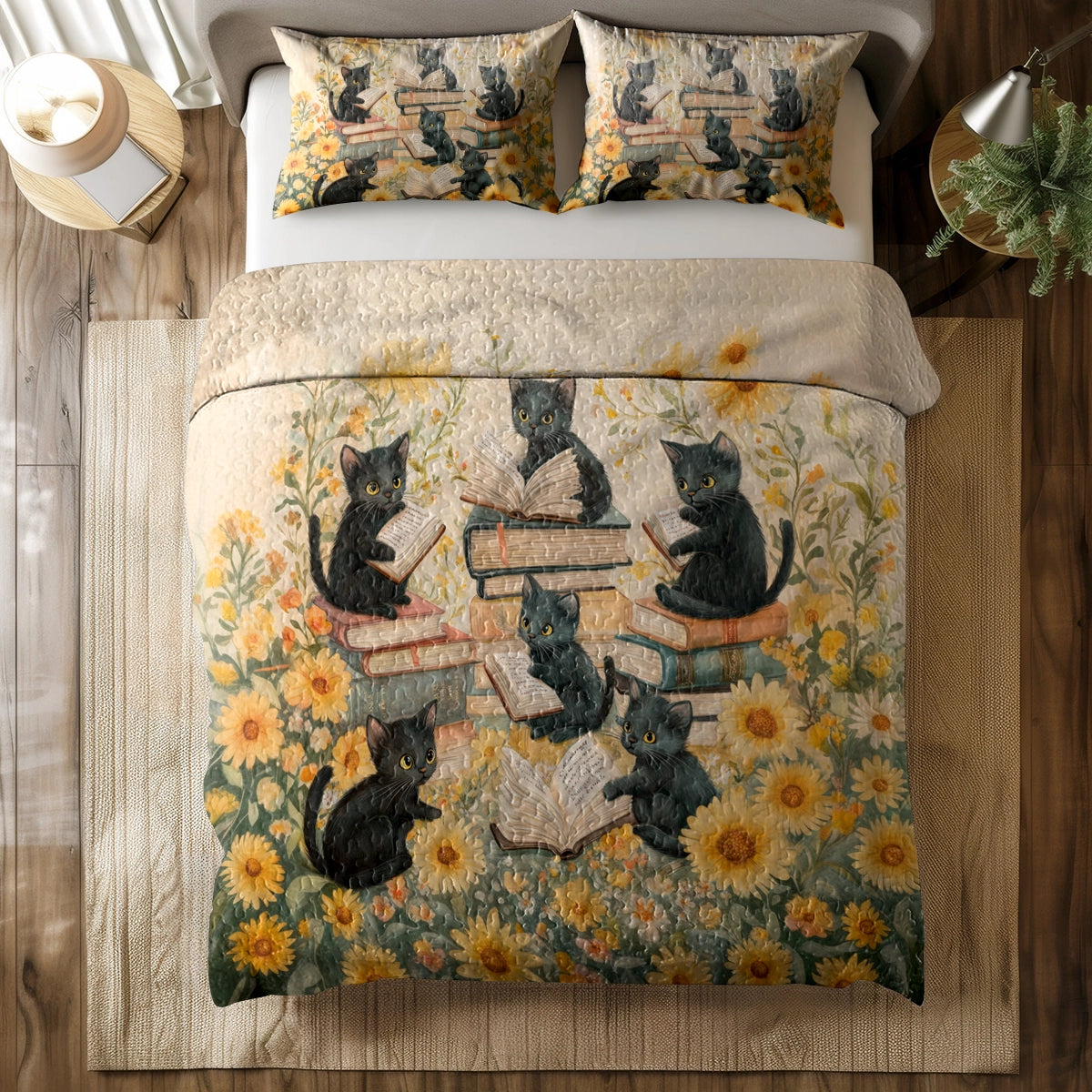 Shineful All Season Quilt 3-Piece Set - Curious Kittens Reading