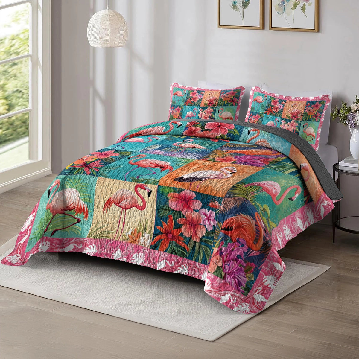 Shineful All Season Quilt 3-Piece Set Exotic Flamingo Serenity
