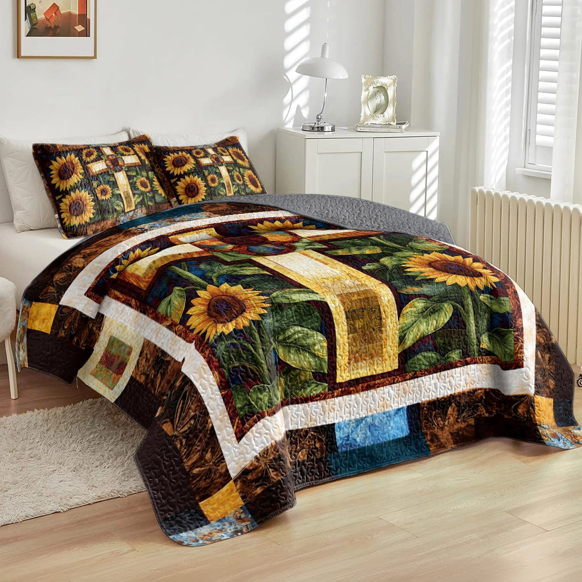 Shineful All Season Quilt 3-Piece Set God's Divine Sunflower Cross