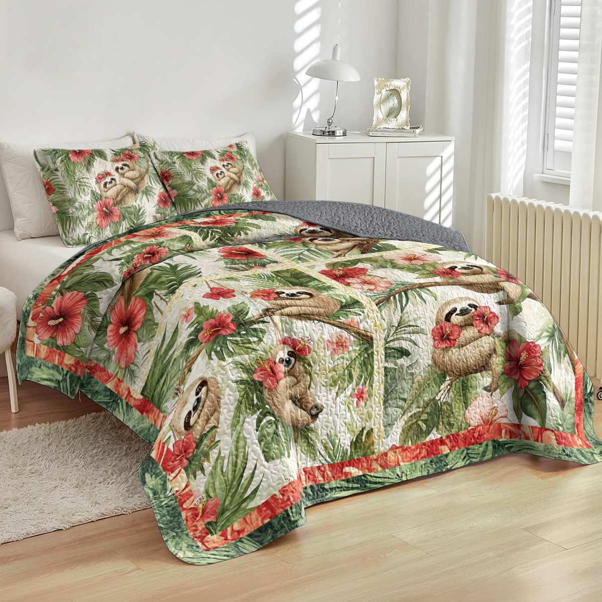 Shineful All Season Quilt 3-Piece Set Hibiscus Harmony Sloth