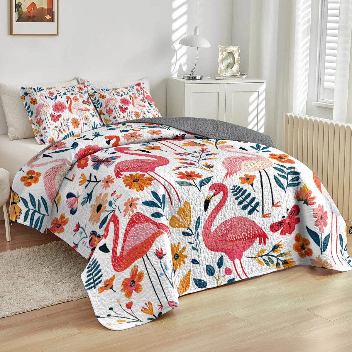 Shineful All Season Quilt 3-Piece Set Botanical Flamingo Bliss