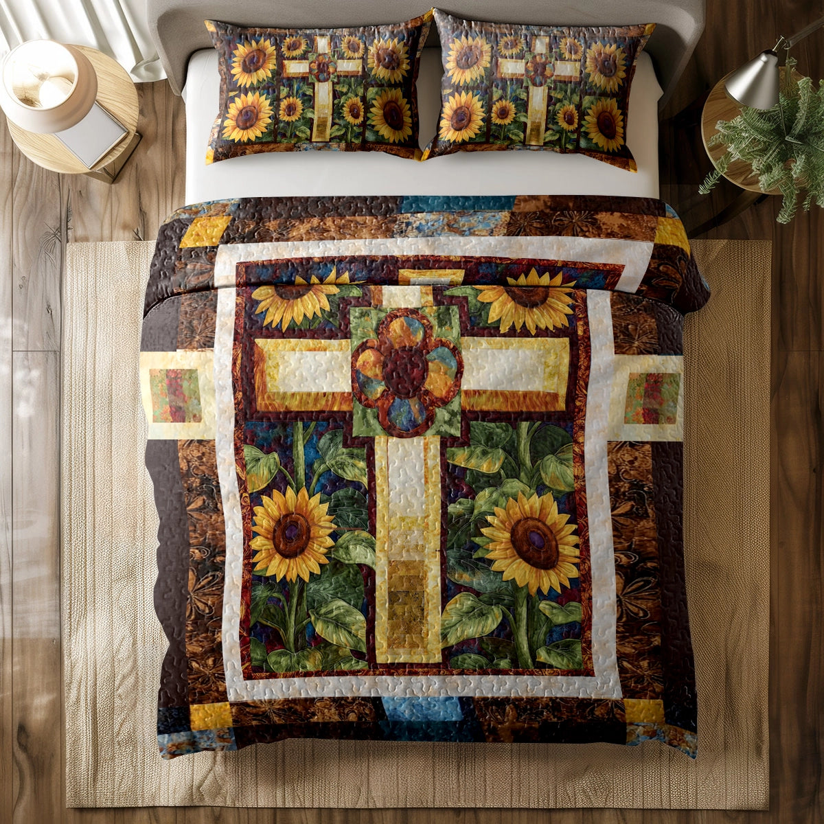 Shineful All Season Quilt 3-Piece Set God's Divine Sunflower Cross