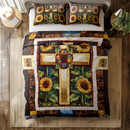Shineful All Season Quilt 3-Piece Set God's Divine Sunflower Cross