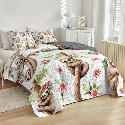 Shineful All Season Quilt 3-Piece Set Pink Flower Sloth Haven