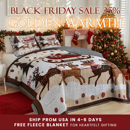 Shineful Quilt 3-Piece Set Cozy Santa Claus With Reindeer Pulling His Sleigh Full Of Gifts