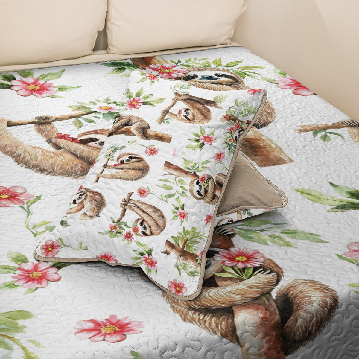 Shineful All Season Quilt 3-Piece Set Pink Flower Sloth Haven