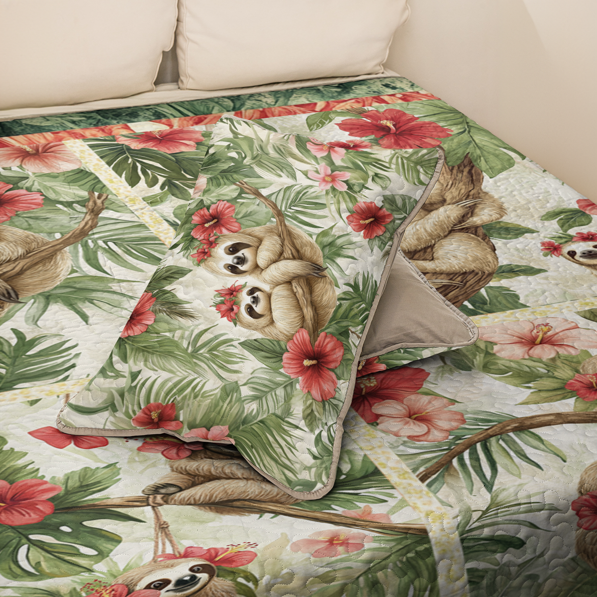 Shineful All Season Quilt 3-Piece Set Hibiscus Harmony Sloth