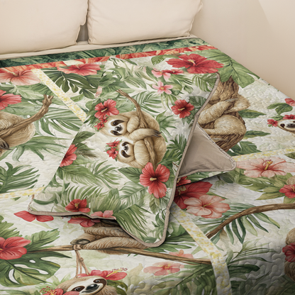 Shineful All Season Quilt 3-Piece Set Hibiscus Harmony Sloth