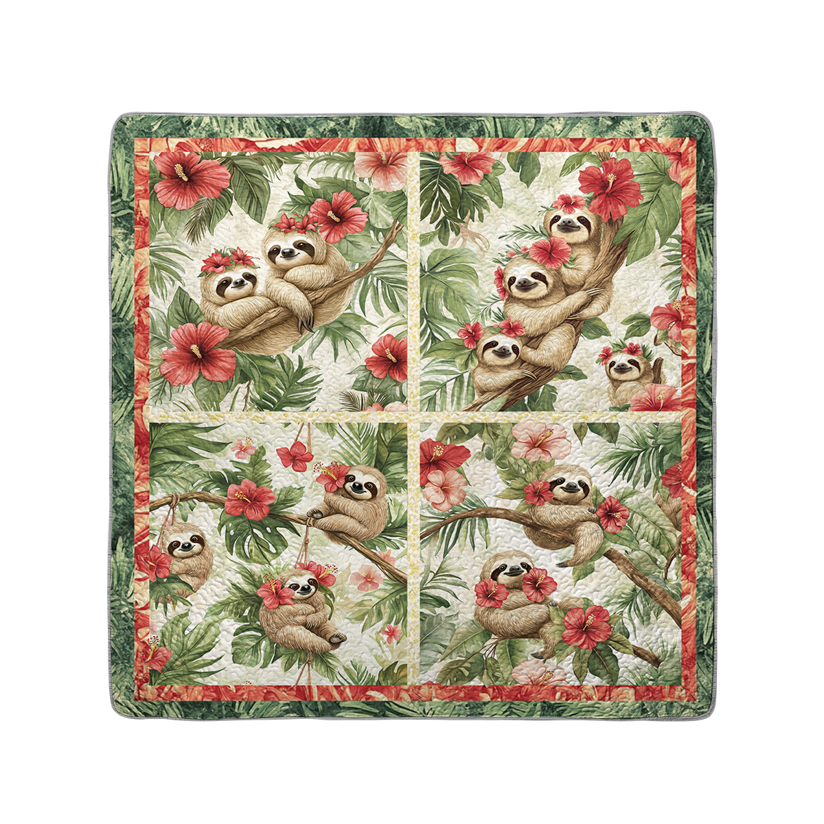 Shineful All Season Quilt 3-Piece Set Hibiscus Harmony Sloth