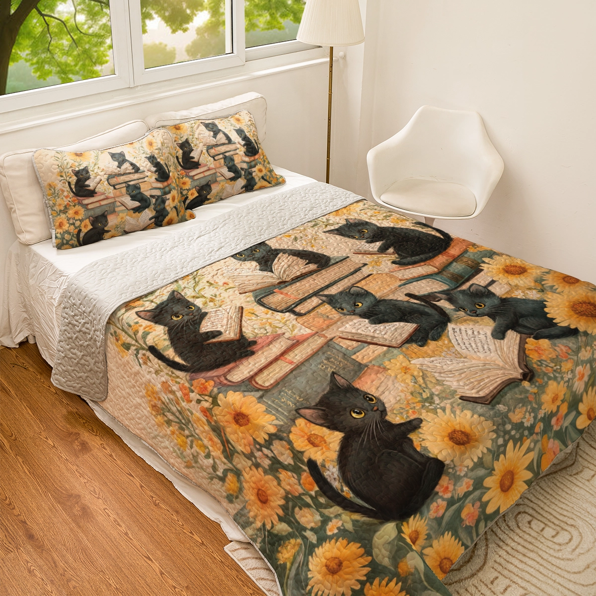 Shineful All Season Quilt 3-Piece Set - Curious Kittens Reading