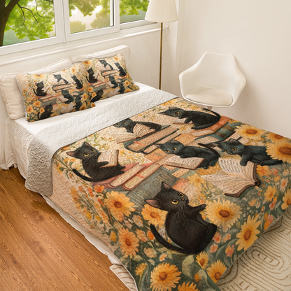 Shineful All Season Quilt 3-Piece Set - Curious Kittens Reading