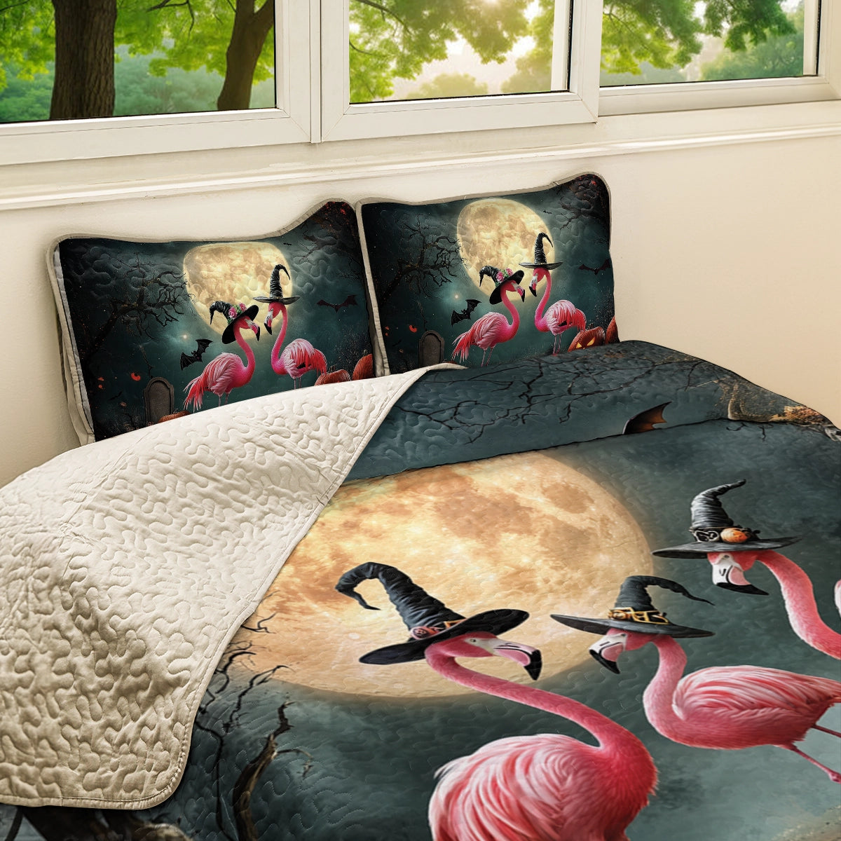 Shineful All Season Quilt 3-Piece Set - Spooky Flamingo Halloween
