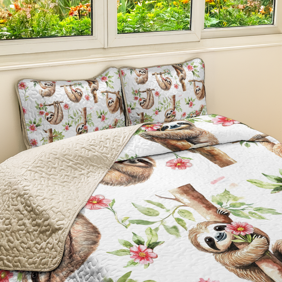 Shineful All Season Quilt 3-Piece Set Pink Flower Sloth Haven