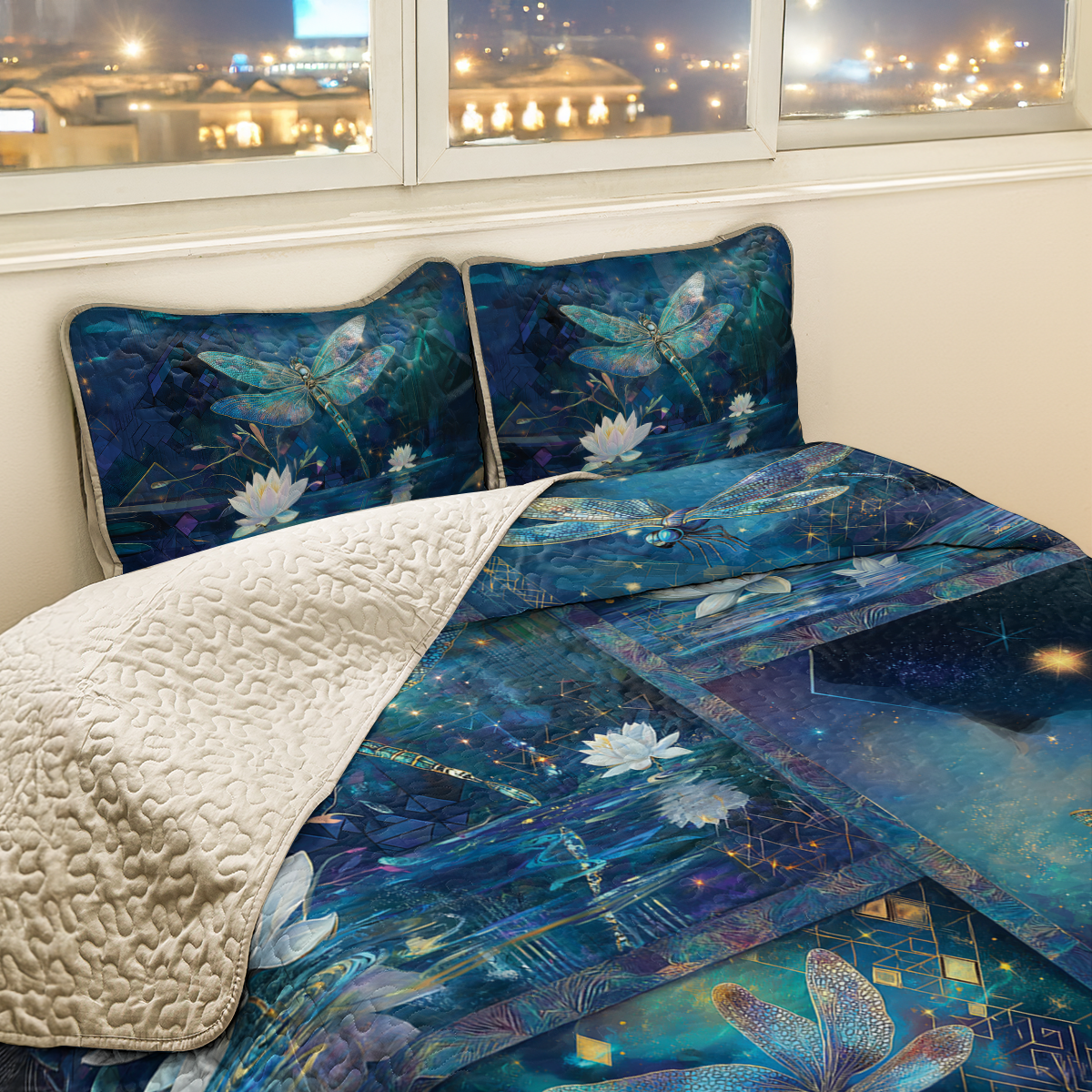 Shineful All Season Quilt 3-Piece Set Tranquil Lotus Dragonfly