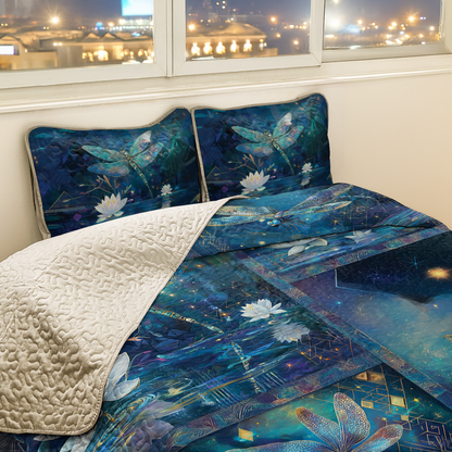 Shineful All Season Quilt 3-Piece Set Tranquil Lotus Dragonfly