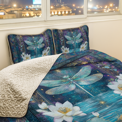 Shineful All Season Quilt 3-Piece Set Lotus And Dragonfly Serenity