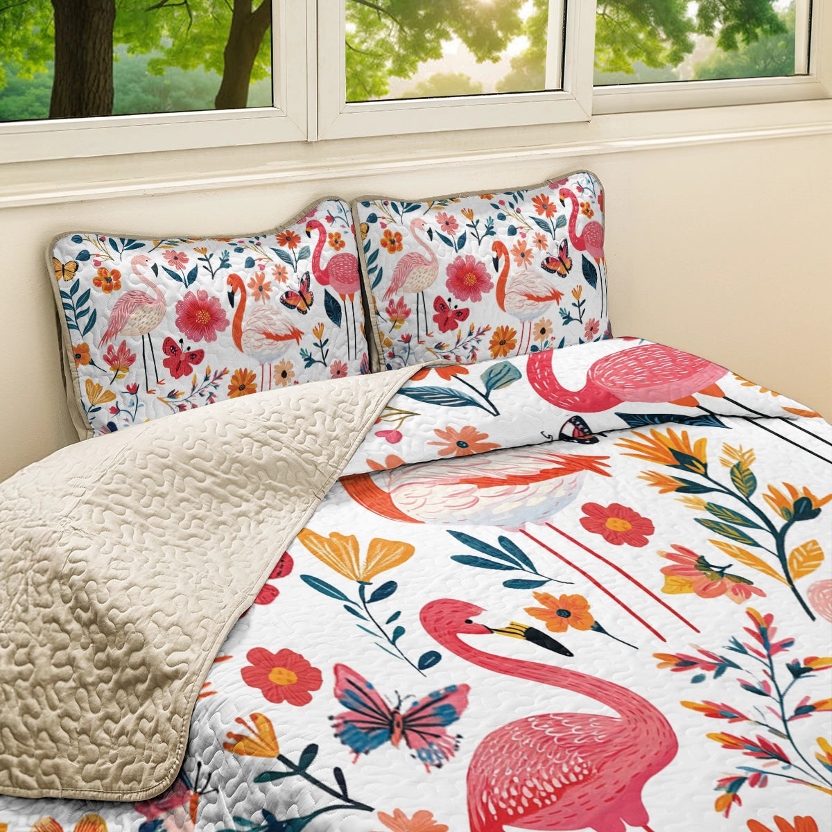 Shineful All Season Quilt 3-Piece Set Botanical Flamingo Bliss