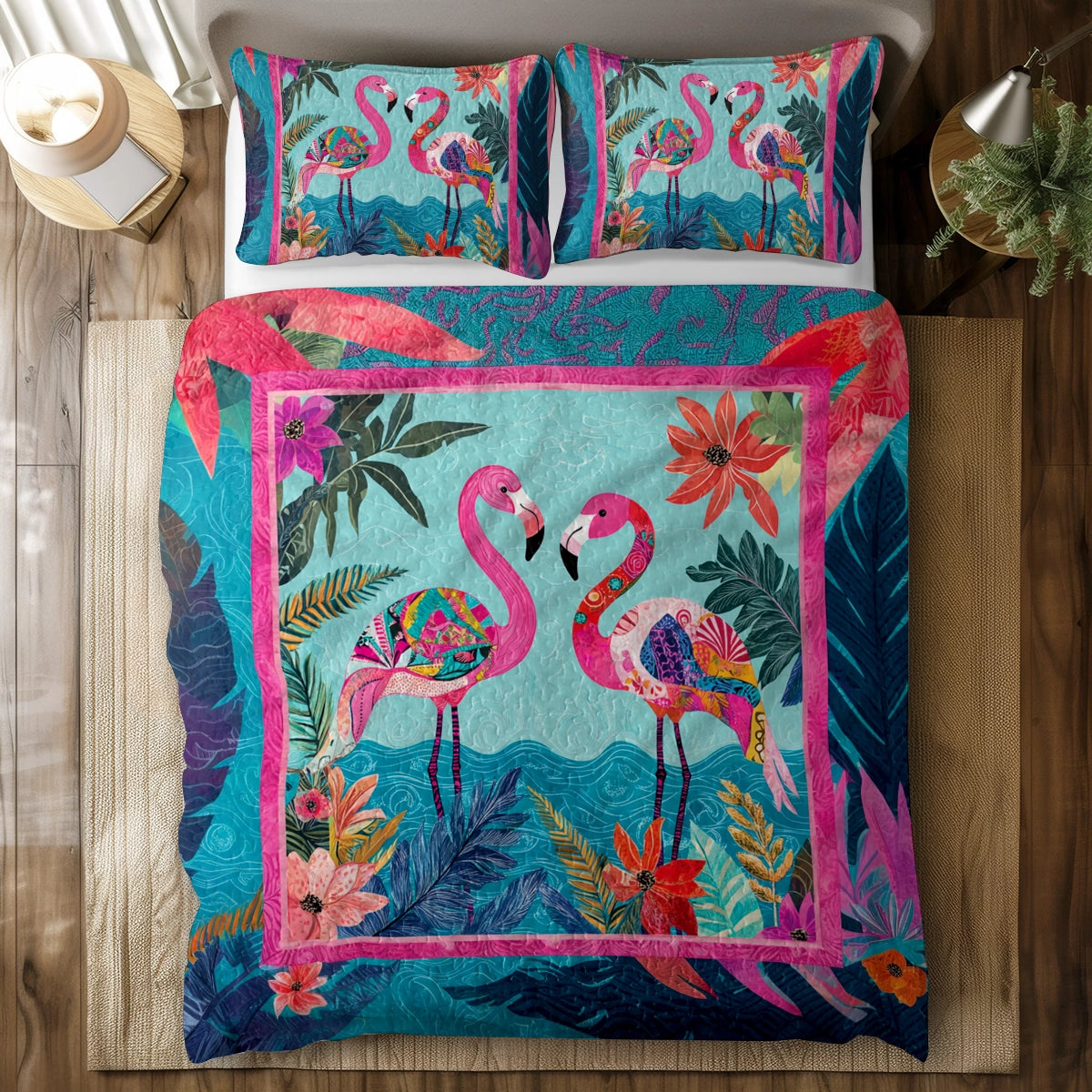 Shineful All Season Quilt 3-Piece Set Tropical Flamingo Paradise
