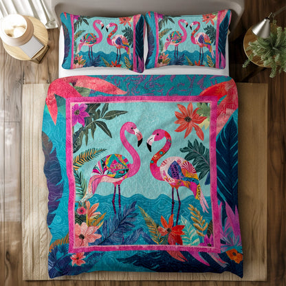 Shineful All Season Quilt 3-Piece Set Tropical Flamingo Paradise