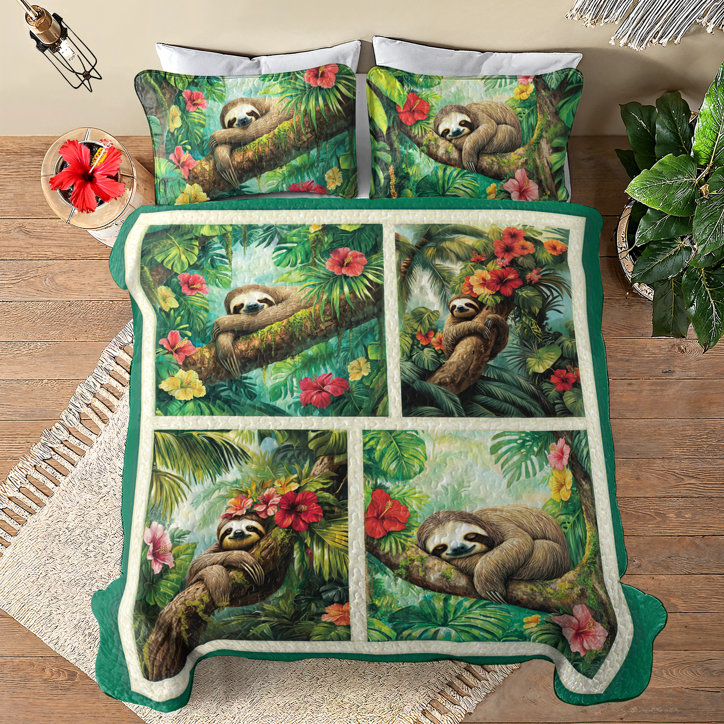 Shineful All Season Quilt 3-Piece Set Sleepy Sloth Paradise